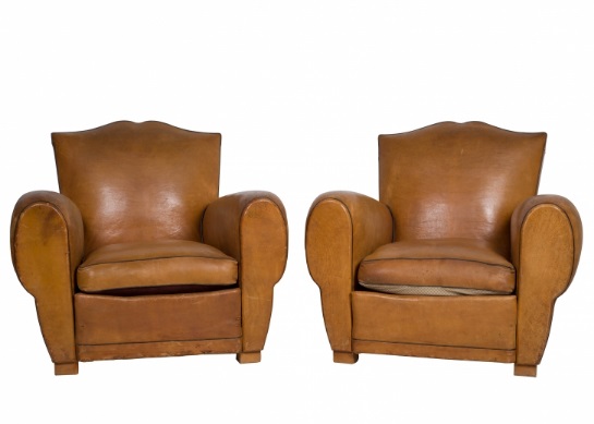 A pair of 1950’s French leather armchairs in excellent condition.