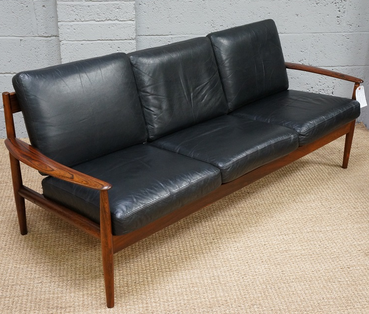 A Vintage Danish Rosewood & Black Leather Settee by Grete Jalk